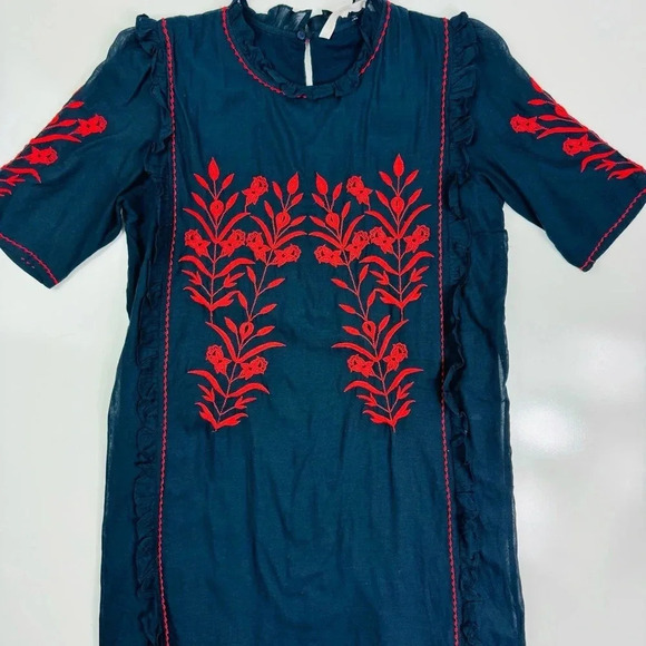 Zara Embroidered Dress Floral Ruffle Trim Black Red‎ Short Sleeve Size XS - Picture 5 of 10